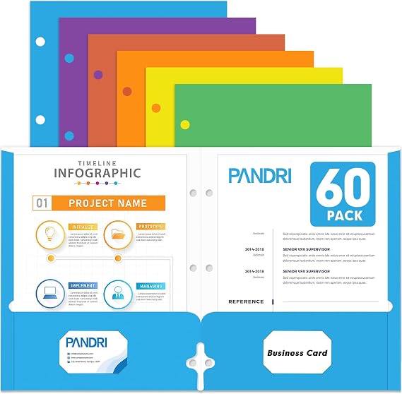 PANDRI Two Pocket Portfolio Paper Folders, 60 Pack, Letter Size, 6 Colors