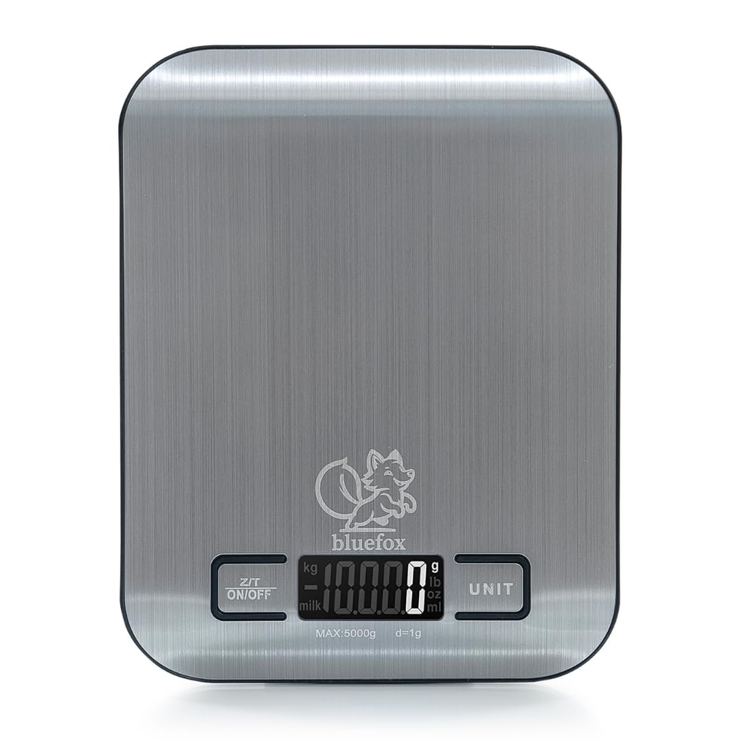 Bluefox Digital Kitchen Scale - Precision Kitchen Scale with Stainless Steel Surface - Tare Function, LED Display, 5 Unit Conversion and Automatic Closing Feature - 5 kg Weighing Capacity