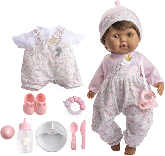 JC Toys 15" Realistic Soft Body Baby Doll with Brown Hair, Brown Eyes, Open/Close Eyes | 10 Piece Gift Set with Bottle, Rattle, Pacifier & Accessories | Pink | Ages 2+