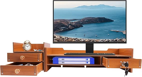 Wood Monitor Stand, Wooden Computer Stand with Drawers, Desktop Storage Organiser, Computer Screen Monitor Riser with 3 Drawers, Z04-S Sakura Color (48 * 20 * 13.5cm)