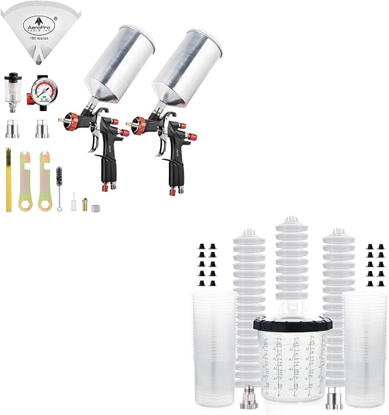AEROPRO Tools A610 Double Spray Gun Kit & 50 Pack 22 Ounce (650ml) Disposable Paint Cups