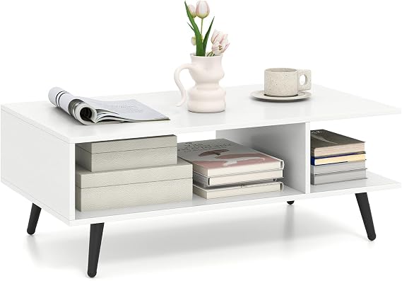 Giantex Coffee Table with Storage, Mid Century Modern Center Table for Living Room, Rectangle Tea Table with Open Storage Shelf & Floor-Anti-Scratching Tapered Metal Legs, Rustic Brown (White)