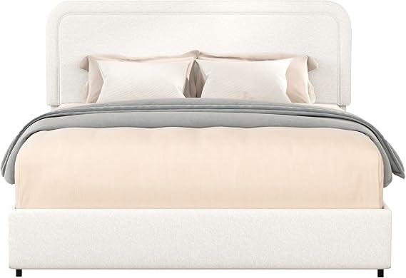 Boucle Bed Frame Queen - Ivory Bed Frame with Curved Stitched Tufted Design and Adjustable Headboard, Bedframe with Storage Drawers and Wooden Slats, No Box Spring Needed (4 Drawers)