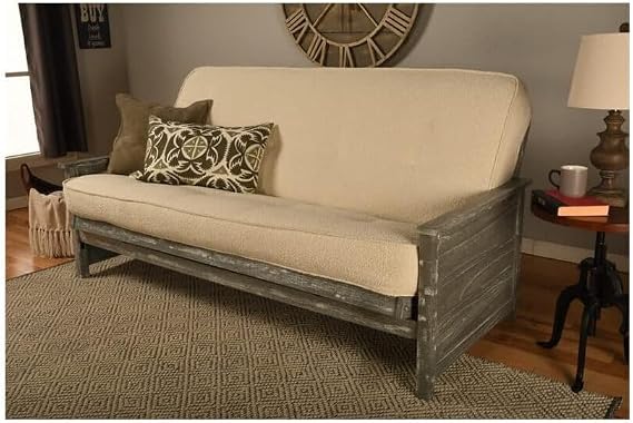 HomeStock Futon Frame with Mattress - Weathered Gray Finish - Full Size Convertible Cream/Without Storage Drawers