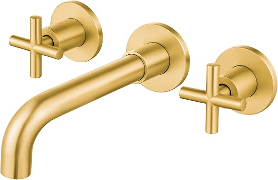 Airuida Solid Brass Widespread Wall Mount Bathroom Faucet with 360 Swivel Spout Wall Mounted Lavatory Faucet Vanity Sink Mixer Tap with Rough in Valve and Double Cross Handles Brushed Gold