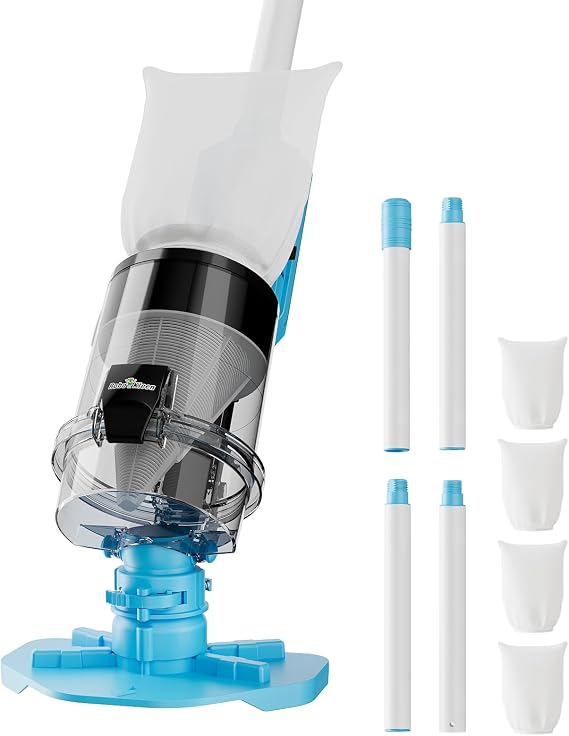 Cordless Pool Vacuum with Telescopic Pole, Powerful 30 GPM Suction, Advanced Dual Filtration, Replaceable Battery, 1H Runtime, Handheld Pool Cleaner for Above Ground and Inground Pools, Blue