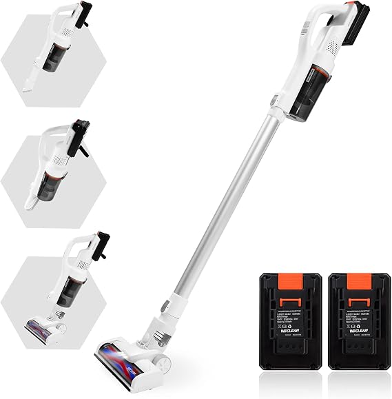 WECLEAN Cordless Vacuum Cleaner, 16000pa, Up to 60 Minutes Runtime, 200w Powerful Suction Vac with LED, 4 in 1 Stick Vacuum Cleaner for Carpet, Hard Floor & Pet (White, 2 Battery Packs)