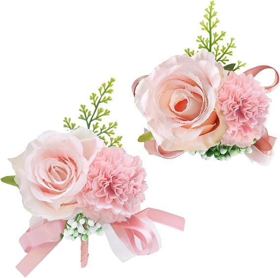 MOJUN Wedding Wrist Corsage Boutonniere Set Artificial Rose and Handmade Silk Bride Wrist Corsage and Men Boutonniere Set for Wedding Flowers Prom Decor (2 PCS,Pink)