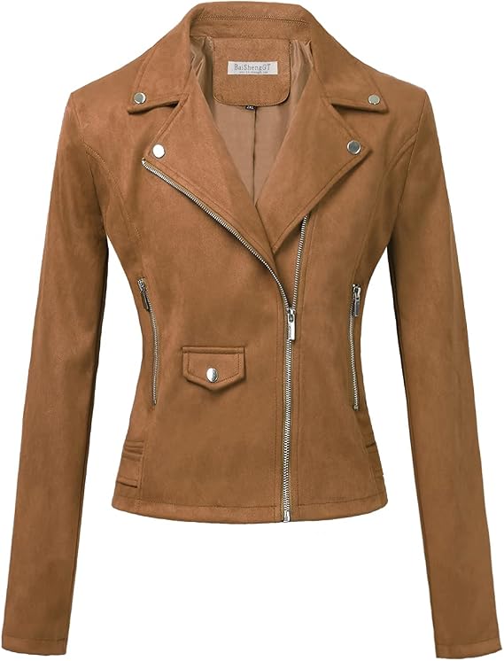 BAISHENGGT Womens Faux Suede Zip Up Motorcycle Short Jacket Casual Outwear Coat