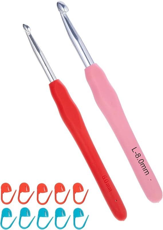 Ryhiac 6 mm 8mm Crochet Hooks, Ergonomic Handle for Arthritic Hands, Extra Long Knitting Needles for Beginners and Crocheting Yarn (6mm+8mm(US J L)