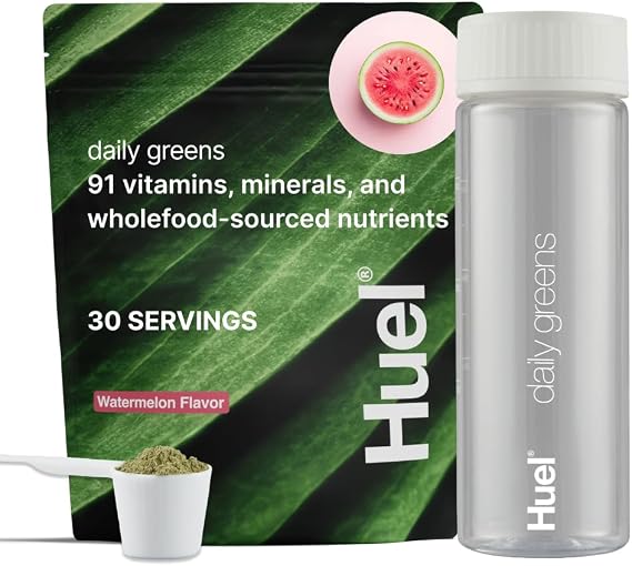 Huel Daily Greens Bundle | Watermelon Daily Greens Bag + Bottle | 30 Servings | Superfood Greens Powder | 91 Vitamins, Minerals, and Wholefood-Sourced Ingredient
