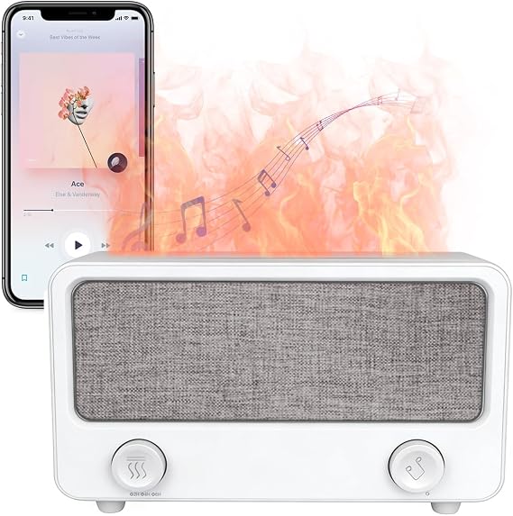 Fireplace Flame Aromatherapy Diffuser with Bluetooth Speaker, Essential Oil Diffuser for Home Bedroom, Ultrasonic Cool Mist Humidifier 7 Colors LED Light Auto-Off Protection Home Bedroom Office Yoga