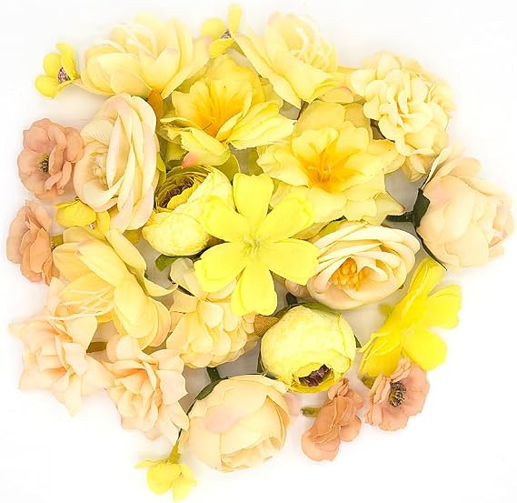 Artificial Flowers for Crafts, 24 Pcs Faux Flowers Heads Bulk, Silk Flowers Heads Fake Rose Daisy Peony Faux Flowers for Hair Decoration, Home Wedding, Wreath Making (Yellow)
