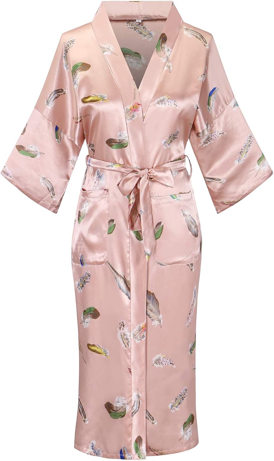 Women's Long Satin Floral Bathrobe Kimono Nightgown Long Dress Gown for Wedding Party