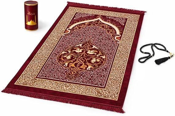 BML Prayer Mat Soft Polyester and Prayer Beads with Gift Box Namaz Sajjadah Musallah for Daily Salah Home Mosque and Eid Gift (Dark Red)