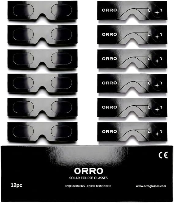 ORRO 45mm Solar Eclipse Glasses, 2/6/12 Pack, Fits Over Optical Glasses, Certified Eye Protection, EN ISO 12312-2:2015 Tested, CE Marked - Edge Fit