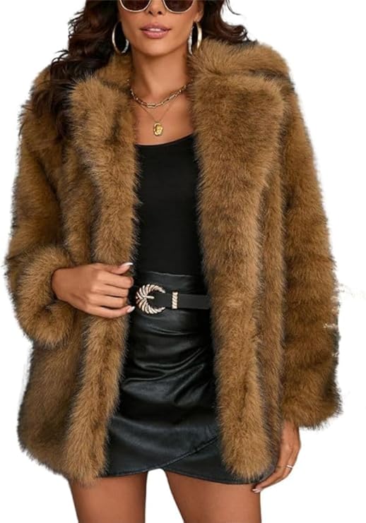 Women's Faux Fur Coat Lapel Warm Overcoat Winter Open Front Fluffy Jackets