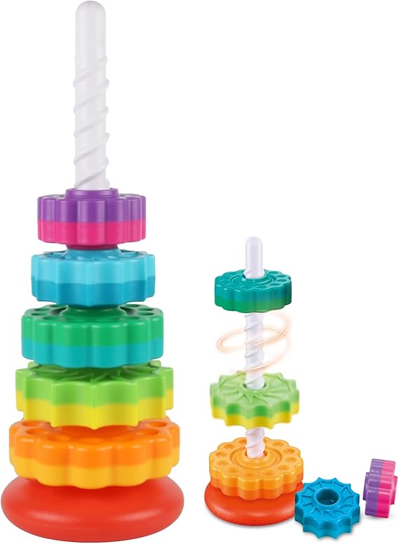 JUXUE Baby Spinning Stacking Toys for Toddlers 1-3, Rainbow Ring Stacker Montessori Toys for Babies for 12 Months, 1 2 3 One Year Old Girl Boy Christmas Birthday Gifts, Autism Sensory Learning Toy