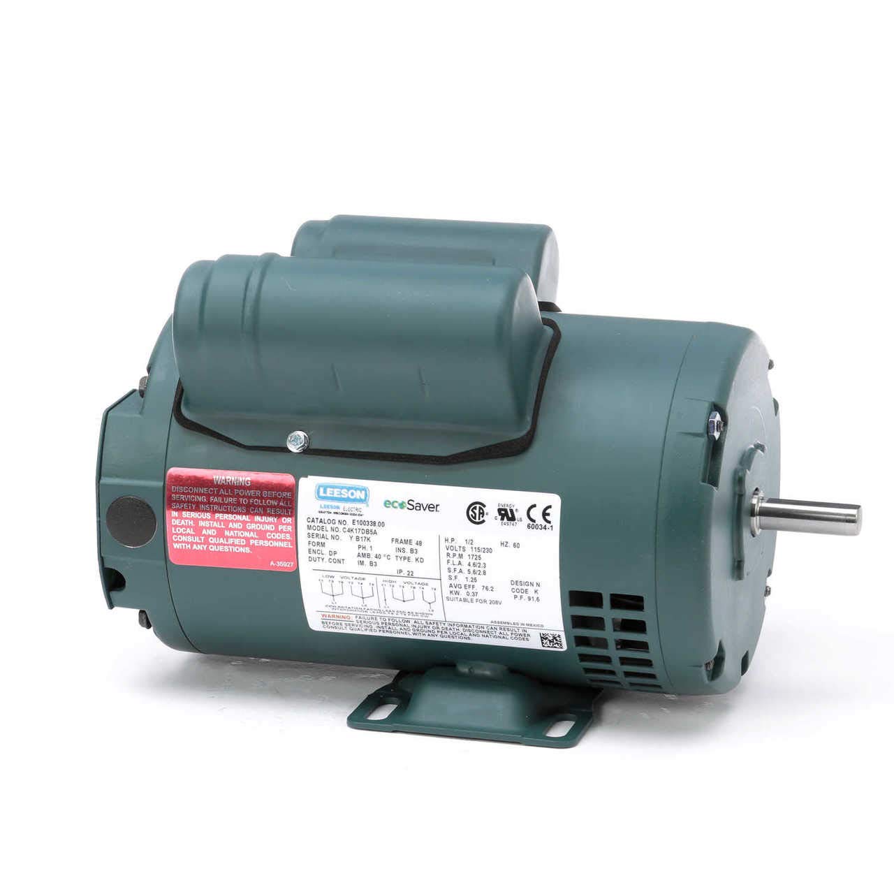 Leeson E100338.00 General Purpose Drip-Proof Motor, 1 Phase, 48 Frame, Rigid Mounting, 12HP, 1800 RPM, 115230V Voltage, 60Hz Fequency