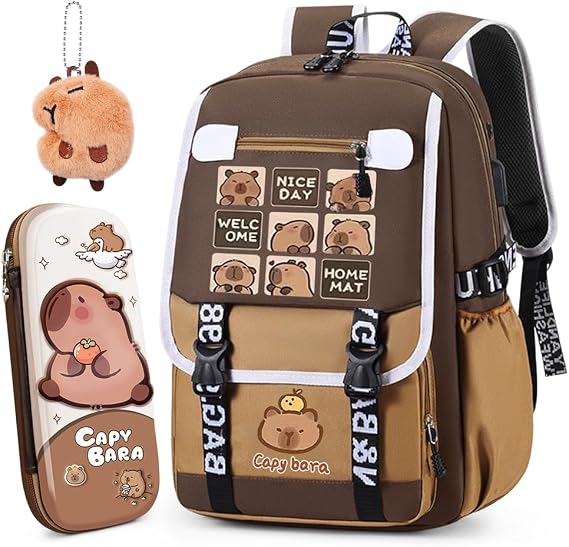Capybara Backpacks, Children's Rucksack with Capybara Pencil Case Keychain Cartoon Schoolbag Lightweight Rucksack Travel Bag Nursery Book Bag Toddler Backpack Casual Daypack for Kids