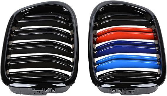 2x Euro Front Center Kidney Grille Grill Compatible with 97-03 E39 5-Series 525 528 530 535 540 M5 4DR 4 Door (Glossy Black + M Color (dual line))