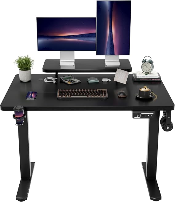 Shahoo Electric Standing Desk with Monitor Shelf, 47 x 24 Inches Height Adjustable Corner Table, Computer Workstation with Cup Holder and Hook for Home Office, Black, 47x24 Inch