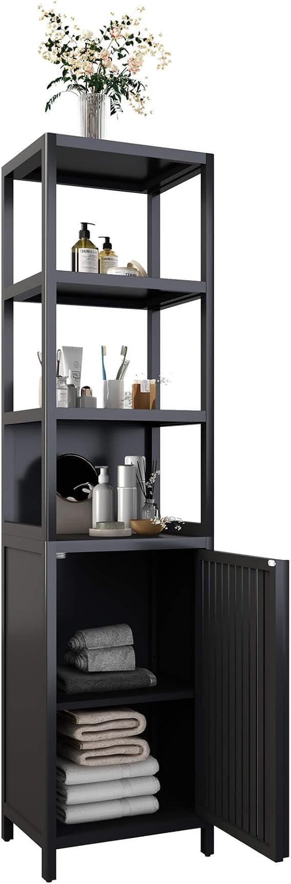 Bamboo Storage Cabinet, Bathroom Towel Cabinets with 3 Open Shelves 1 Door Ample Space Medicine Cabinet (65" H)