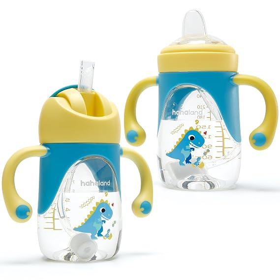 hahaland Sippy Cups for Toddlers 1-3, 2-in-1 Sippy Cup for 6+ Month Old | 2 in 1 Spout & Straw Sippy Cups for 6-12 Month Old,No Spill Transition Weighted Straw Toddler Cups - 1 Cup with 2 Nipples
