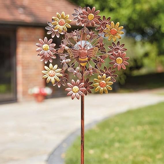 Garden Mile 130cm Large Solar Wind Spinners For Garden - Windmill Outdoor Solar Garden Ornament with Colour Changing LED Crackle Glass Light - Kinetic Wind Sculpture for Patio, Lawn & Pathway