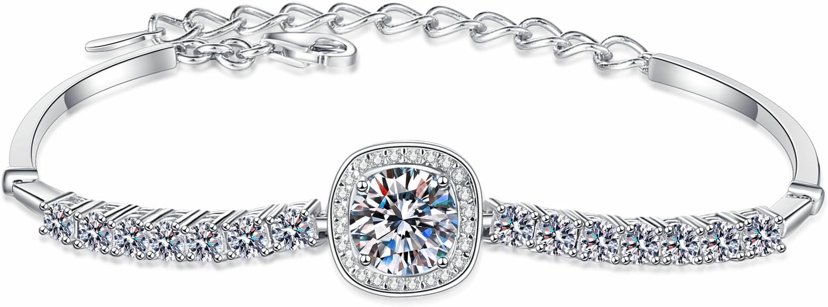 StarGems Four Prong Square 2.4cttw Moissanite 925 Sterling Silver Platinum Plated Adjustable Bracelet For Women 16+5cm BX010