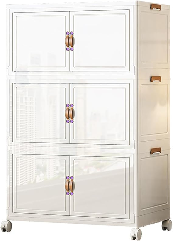 Folding Storage Box with Doors And Wheels, Collapsible Magnetic Dual-Opening Doors Plastic Storage Bins for Closet, Home And Office
