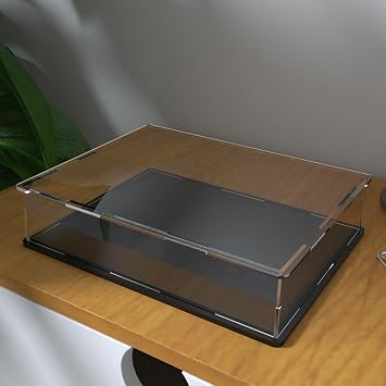 Acrylic Display Case with Matt Black Base and Lid, Dust-Proof Acrylic Box, Flat Showcase Counter-Tops Box for Books and Maps (16x13x4 inch)