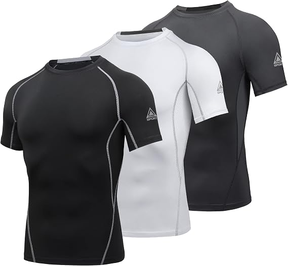 AMZSPORT 3 Pack Men's Compression Shirts, Short Sleeve Cool Dry Moisture Wicking Base Layer for Gym Running