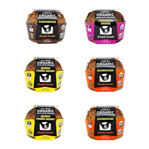 Simple Kneads Gluten-Free Variety Pack 6 Pack Includes Sourdough, Quinoa Power Grains, Cinnamon Raisin, and Pumpkinickel Organic, Top 9 Allergen-Free, Artisan-Style Loaves-Extra Virgin Olive Oil