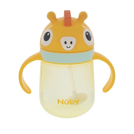 Nuby No-Spill Clik-it Silicone Straw Trainer Cup - 8 oz - 360 Weighted Straw Toddler Sippy Cup for 1+ Year Old - Giraffe