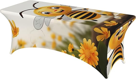 6FT Stretch Spandex Table Cloth for Rectangular Fitted - Cute Bees Daisy Flower Table Cover Washable and Wrinkle Resistant Tablecloth Protector for Party, Wedding, Banquet, Festival