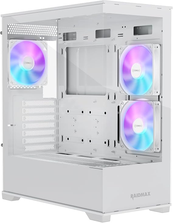 Raidmax i801 Tempered Glass Aqua View Case - Corner Structure-Free Panoramic Design, 3 ARGB Fans Included, and Support for 360mm Water Cooler and 400mm GPU (White)