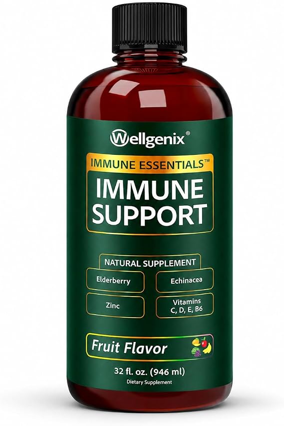 Wellgenix Immune Essentials Immune Support Liquid, Elderberry & Zinc, 32 Oz | Echinacea, L-lysine, and vitamins C, D, E and B6 in a liquid that supports immune health no pills or gummies