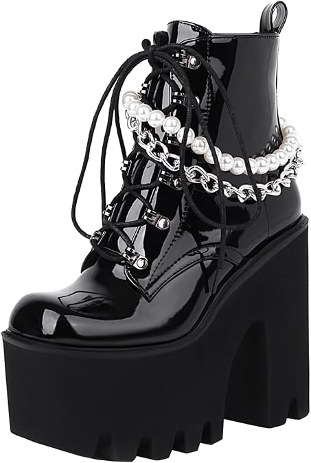 Platform Chunky Ankle Boots Rave Goth Boots Chains Round Toe Side Zipper High Heels Punk Motorcycle Combat Booties Lace Up Prom Walking Dress Wedding Shoes