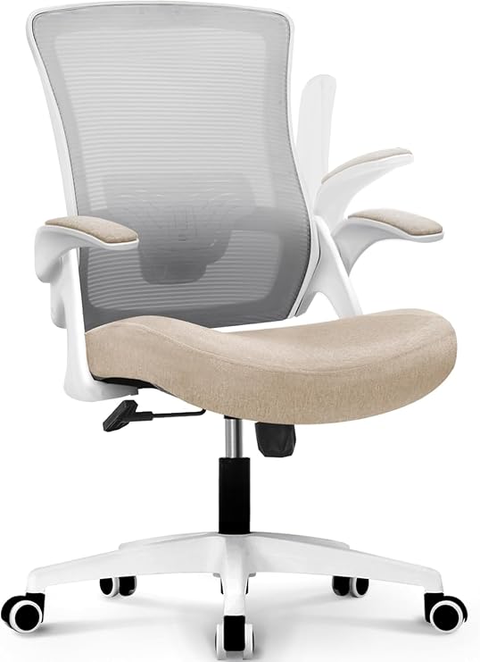 Ergonomic Office Chair with Flip-Up Armrests, Lumbar Support, and Adjustable Height, Comfortable Home Task Computer Chair, Beige