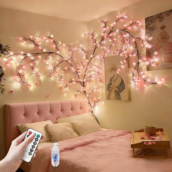 LED Cherry Blossom Tree Branch Lights for Wall,8 Modes Cherry Blossom Lights with 144 LED,Remote,Timer,Cherry Blossoms LED Vine Fairy Light,Decorations for Bedroom,Wall Art,Christmas [Energy Class A]