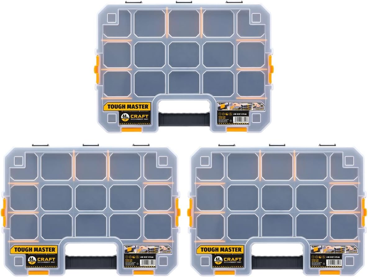 Stackable Storage Organiser 17" Inch With Transparent Lid 15 Adjustable Compartments Lightweight Portable Toolbox For Screws Nuts Tools Small Parts TOUGH MASTER (Pack of 3)