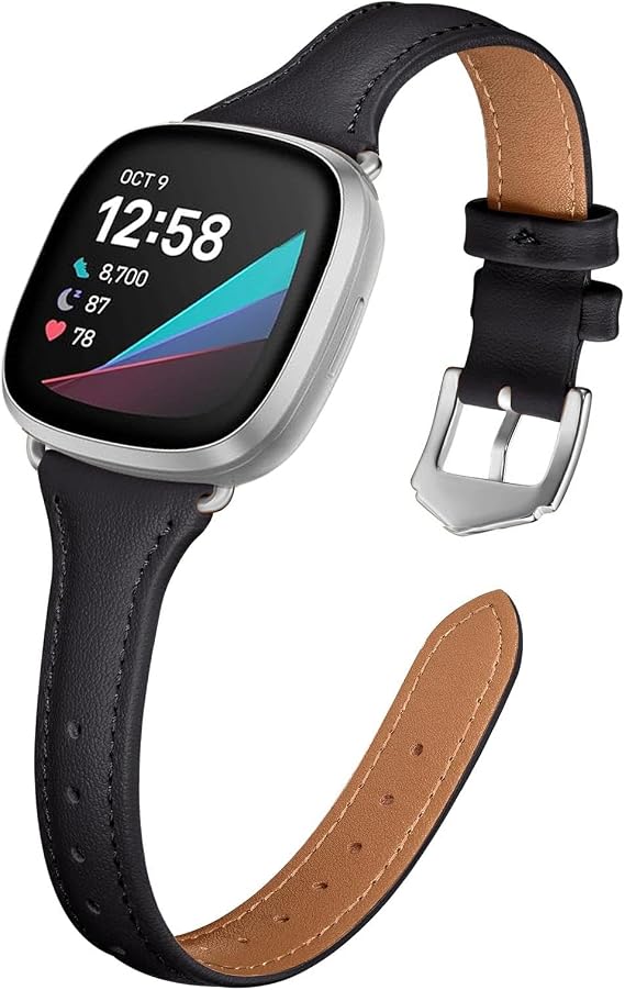 Strap Compatible with Fitbit Versa 4/Versa 3/Sense 2/Sense,Leather Strap Replacement,Slim&Thin Wristband