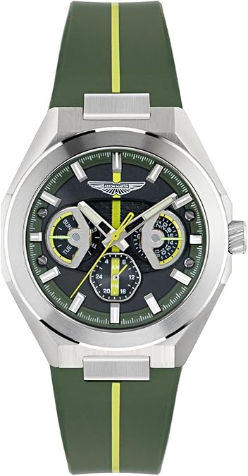 Aston Martin TKS Collection Luxury Mens Watch Timepieces with a Green Strap Featuring a Stainless Steel Case and a Black Dial