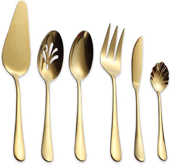 Berglander Stainless Steel Golden Titanium Plated Flatware Serving Set 6 Pieces, 5 Serving Pieces of 45 Pieces Flatware With 1 Cake Server, Serving Silverware Set (Shiny Golden)