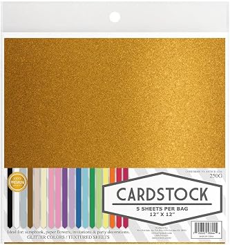Glitter Crafting Cardstock, 22 Color Choices, 250g. 12" x 12" Inch, 5 Premium Sheets (Gold)