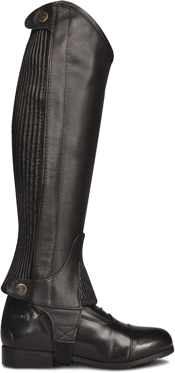 Ovation Women's Pro Leather Half Chaps - Premium Top Grain Leather Black Riding Chaps with Stretch Panels and Snap Closures