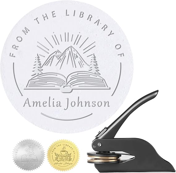 Personalised Book Embosser Stamp with Name and Logo, Custom Embossed Book Stamp for Books, Cards, Libraries, Envelopes, Wedding Invitations, Notary Seal Labels (Style 2)