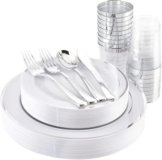LATERN 150Pcs Multi-Use Silver Plastic Dinnerware Set, 25 x Resuable Dinner Plates, 25 x Salad Plates, 25 x Knives, 25 x Mini Forks, 25 x Spoons, 25 x 300ml Cups for Wedding Anniversary Garden Party
