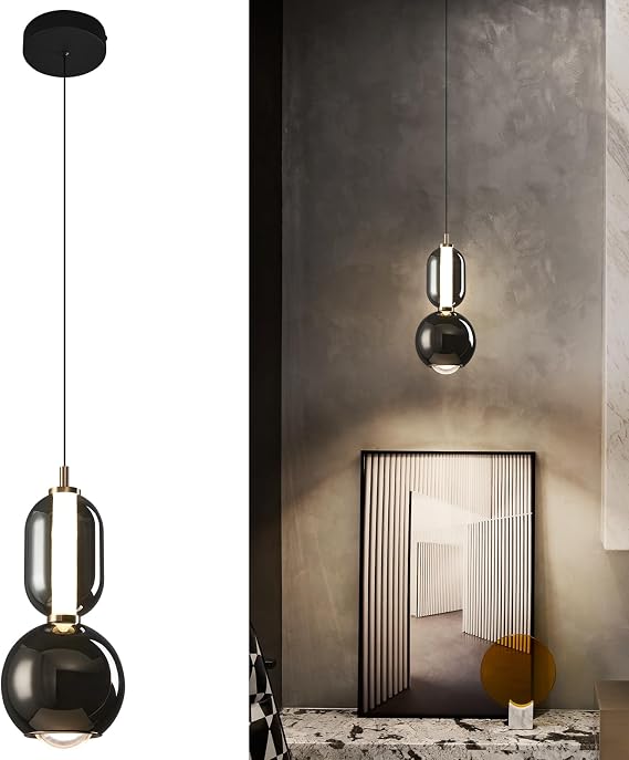 Modern Glass Pendant Light, Black Pendant Lighting LED Dimmable, Adjustable Pendant Lights Kitchen Island Dinning Room,Bedroom,Bar, Kitchen Island Ceiling Hanging Light Fixtures(1-Pack)